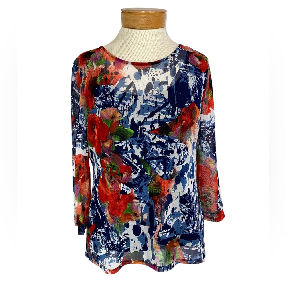 Peck & Peck Med Sheer 3/4 Sleeve, Floral Top with Tank Attached